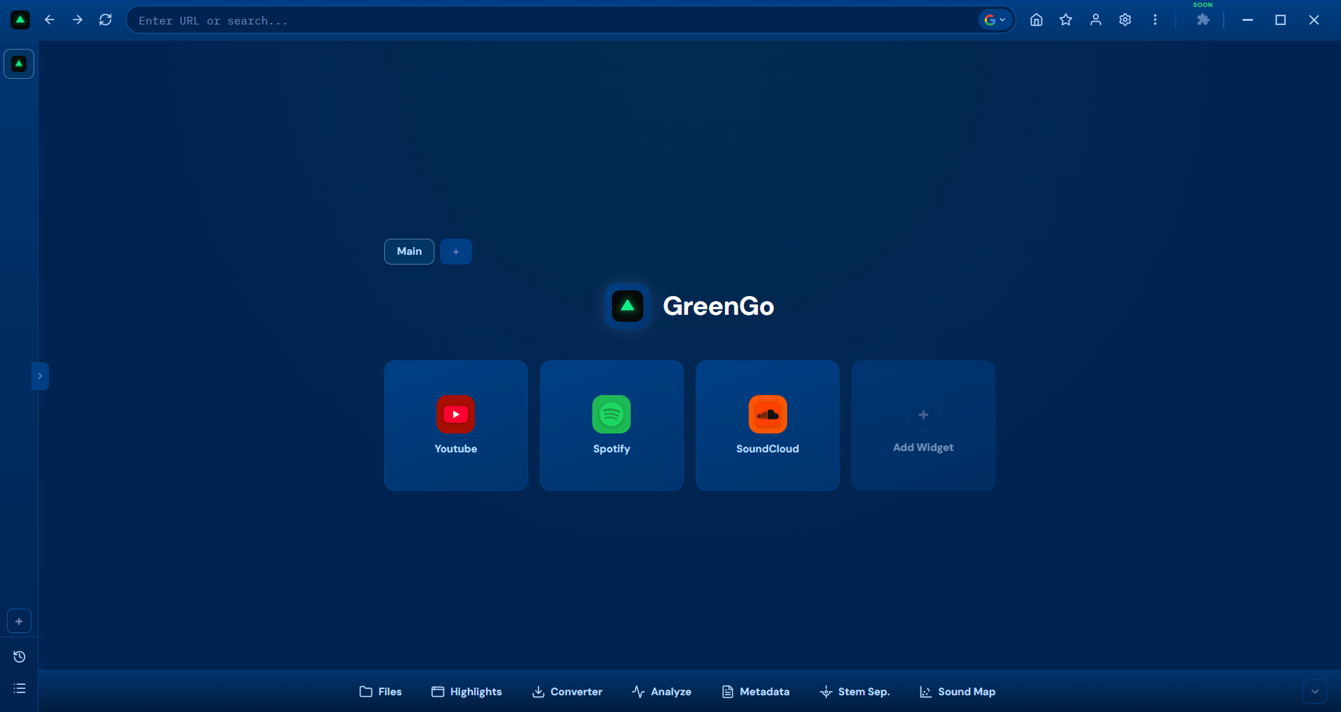 GreenGo Browser — Tokyo Night Blue theme